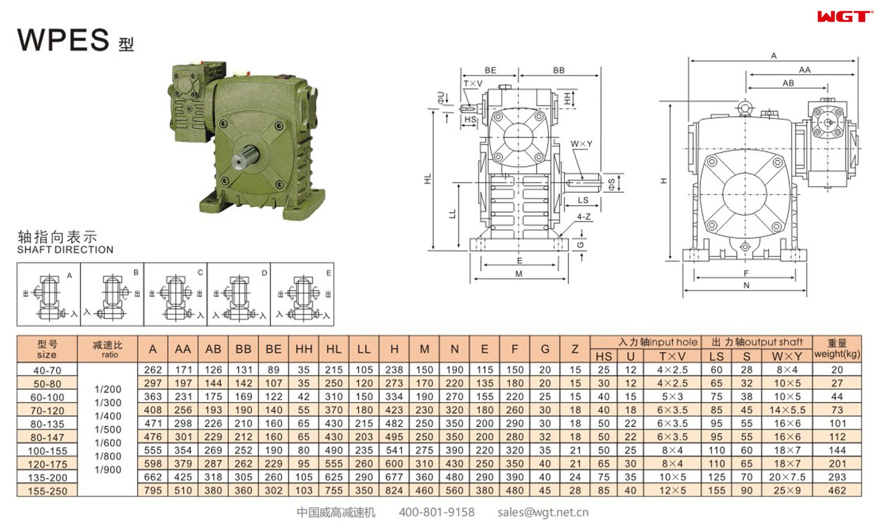 WPES100-155 worm gear reducer double speed reducer 